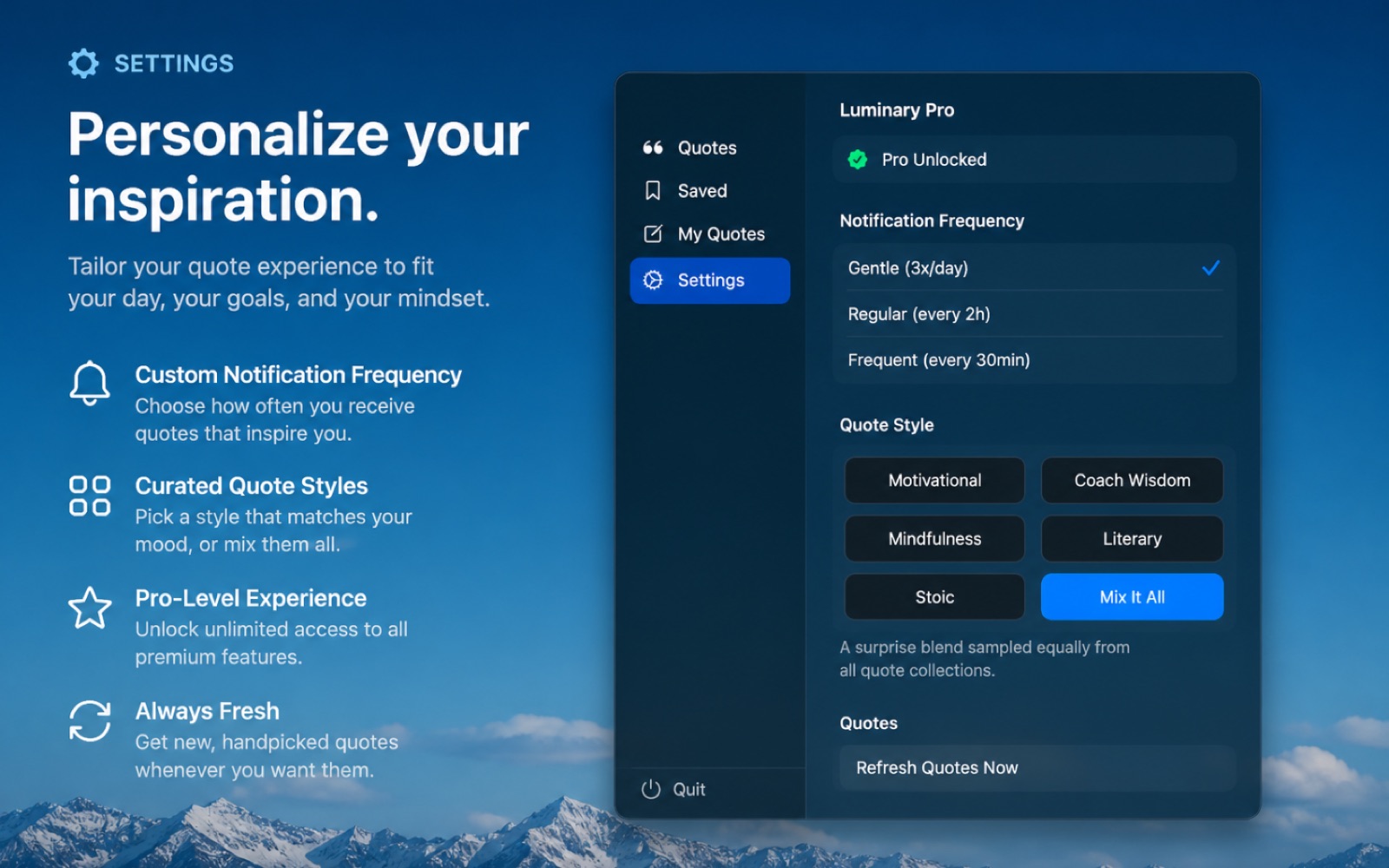Settings view in Luminary showing Pro Unlocked, frequency, and quote style options